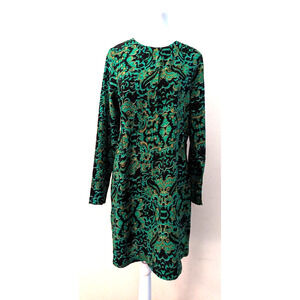 New H&M sz 6 Sheath Dress green print 2 slits on back long sleeves 1811